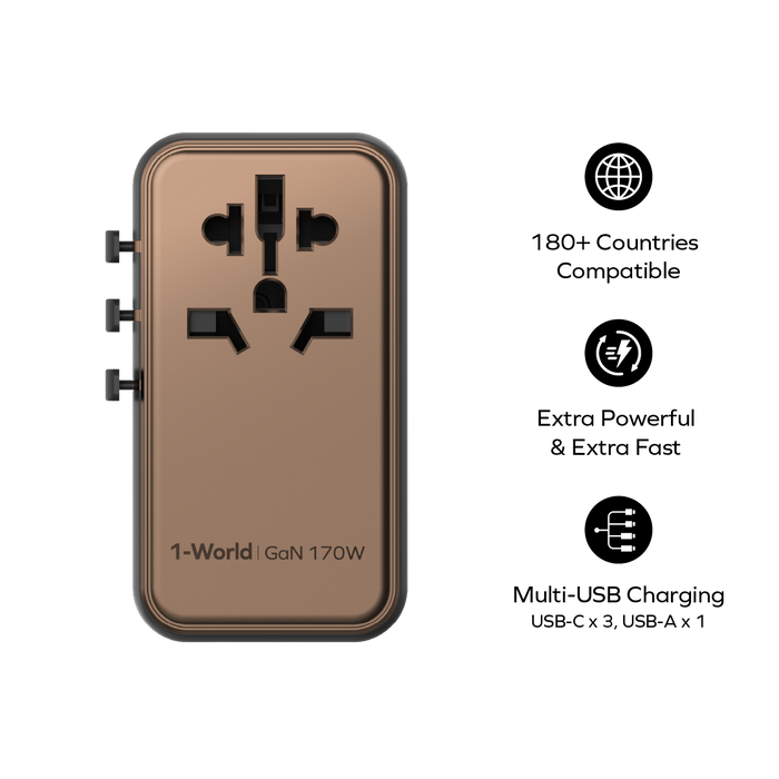 MOMAX 4-Port GaN Travel Charger with Cable - 170W / USB-C / USB-A / Sandstone