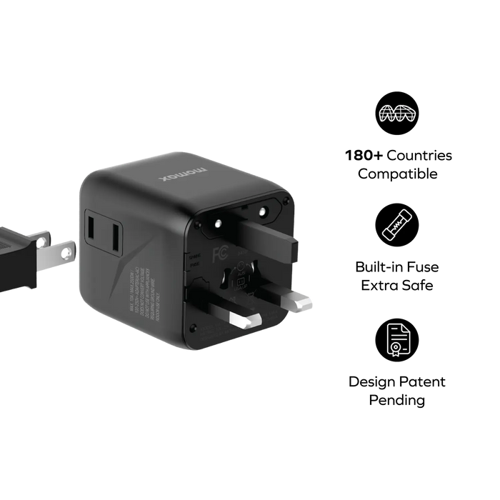 MOMAX Universal Travel Charger with Dual AC - USB-A / USB-C / Black