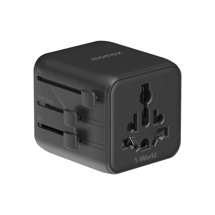 MOMAX Universal Travel Charger with Dual AC - USB-A / USB-C / Black
