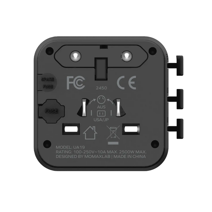 MOMAX Universal Travel Charger with Dual AC - USB-A / USB-C / Black