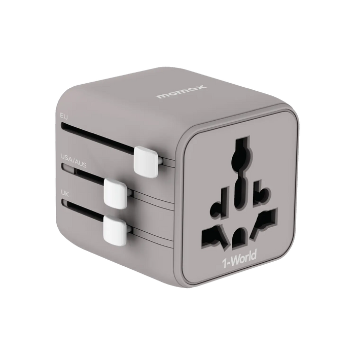MOMAX Universal Travel Charger with Dual AC - USB-A / USB-C / Grey