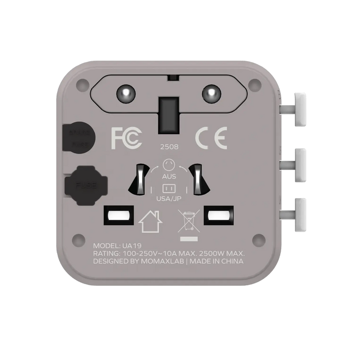 MOMAX Universal Travel Charger with Dual AC - USB-A / USB-C / Grey