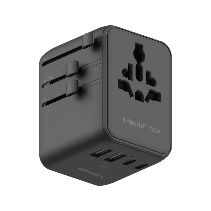 MOMAX 5-Port Mini Universal Travel GaN Charger with Dual AC - 70W / USB-A / USB-C / Black