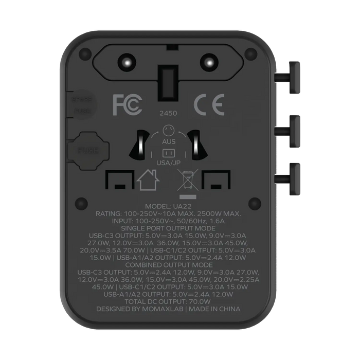 MOMAX 5-Port Mini Universal Travel GaN Charger with Dual AC - 70W / USB-A / USB-C / Black