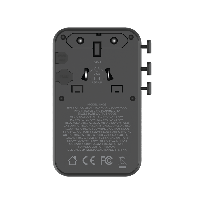 MOMAX Universal 4-Port Travel GaN Charger with Dual AC - 100W / USB-A / USB-C / Black