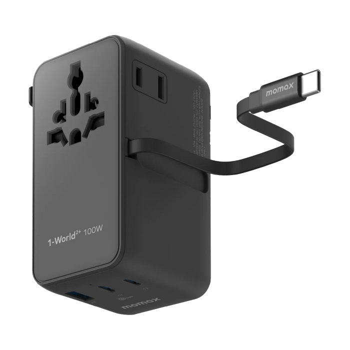 MOMAX 4-Port Mini Universal Travel GaN Charger with Built-In Cable with Dual AC - 100W / USB-A / USB-C / Black