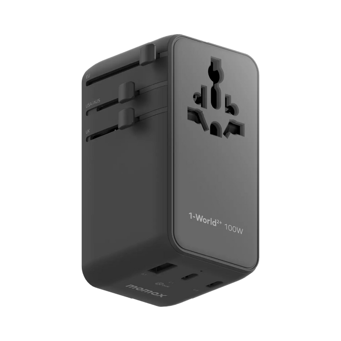 MOMAX 4-Port Mini Universal Travel GaN Charger with Built-In Cable with Dual AC - 100W / USB-A / USB-C / Black