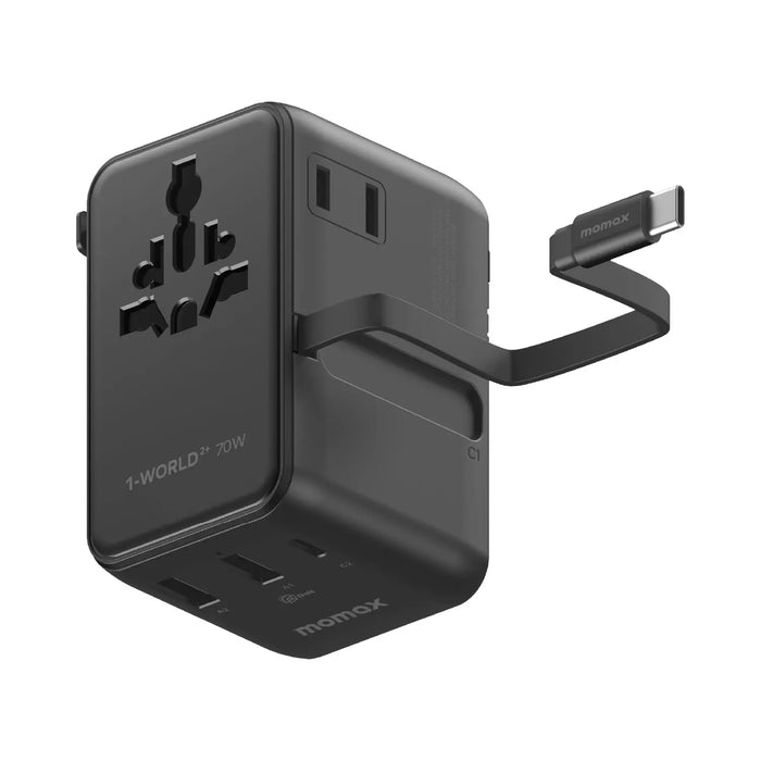 MOMAX 1-World2+ 3-Port Dual AC Travel Adapter with Built-in retractable Cable - 70W / USB-A / USB-C / Black