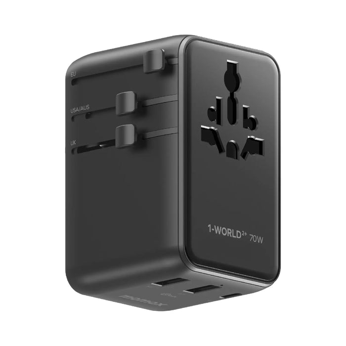 MOMAX 1-World2+ 3-Port Dual AC Travel Adapter with Built-in retractable Cable - 70W / USB-A / USB-C / Black