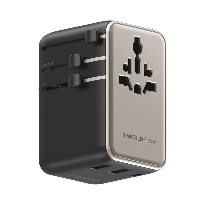 MOMAX 1-World2+ 3-Port Dual AC Travel Adapter with Built-in retractable Cable - 70W / USB-A / USB-C / Titanium