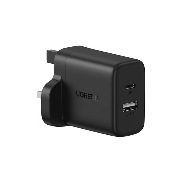 شاحن سريع يو جرين بمنفذين وقابس بريطاني - 20 واط / USB-C / USB-A / أسود