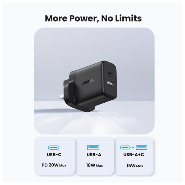 شاحن سريع يو جرين بمنفذين وقابس بريطاني - 20 واط / USB-C / USB-A / أسود