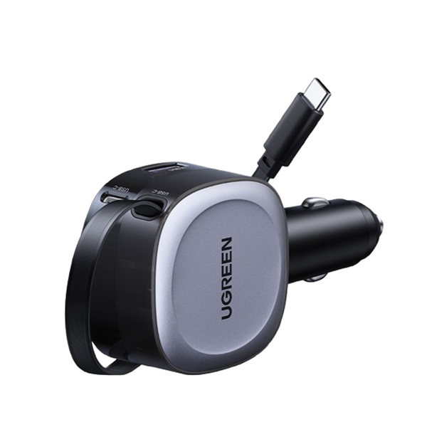 UGREEN Fast Car Charger with Retractable Cable - 75W / USB-C / USB-A / Space Grey