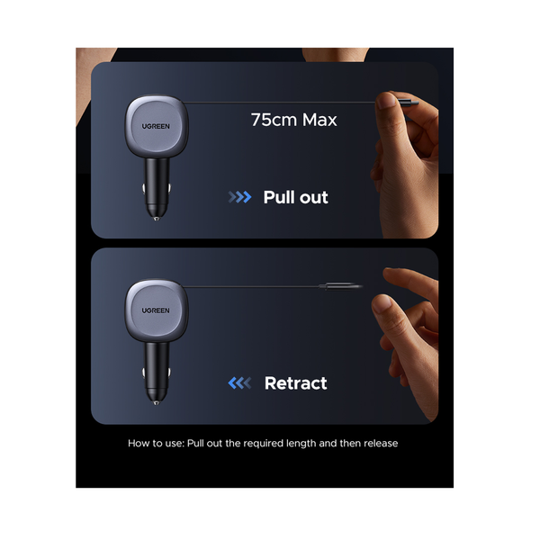 UGREEN Fast Car Charger with Retractable Cable - 75W / USB-C / USB-A / Space Grey