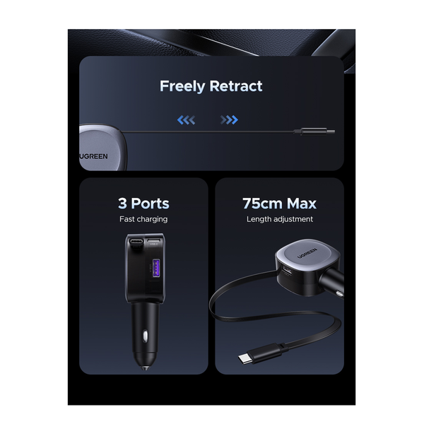 UGREEN Fast Car Charger with Retractable Cable - 75W / USB-C / USB-A / Space Grey