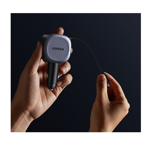 UGREEN Fast Car Charger with Retractable Cable - 75W / USB-C / USB-A / Space Grey