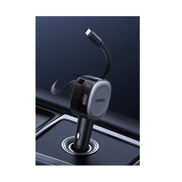 UGREEN Fast Car Charger with Retractable Cable - 75W / USB-C / USB-A / Space Grey