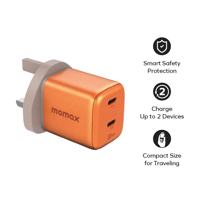 MOMAX 1-Charge 2-Port GaN Charger - 45W / USB-C / Orange
