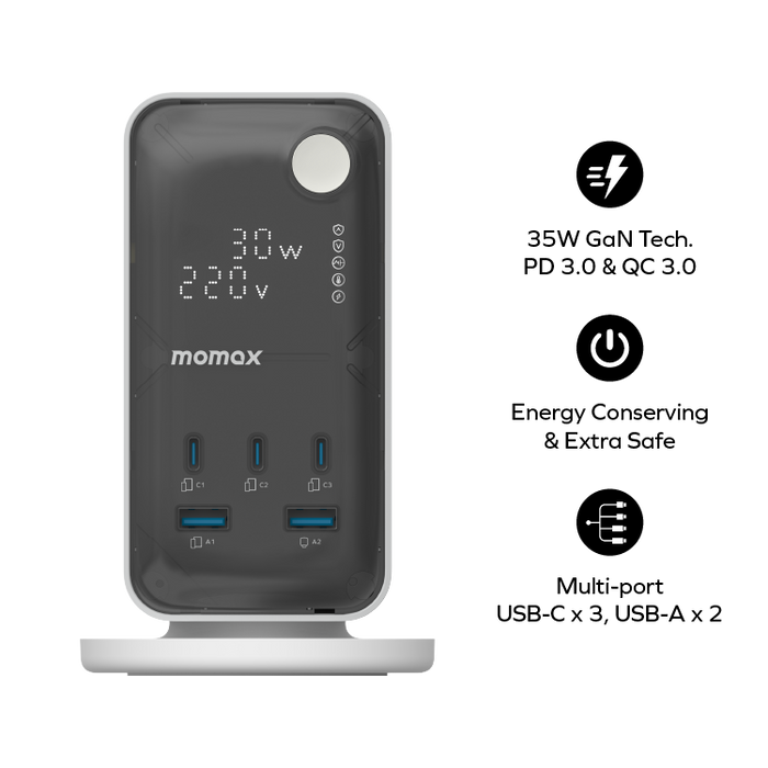 MOMAX Flow 6-Outlet GaN Power Tower - 35W / USB-C / USB-A / White