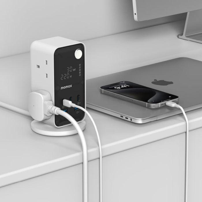 MOMAX Flow 6-Outlet GaN Power Tower - 35W / USB-C / USB-A / White