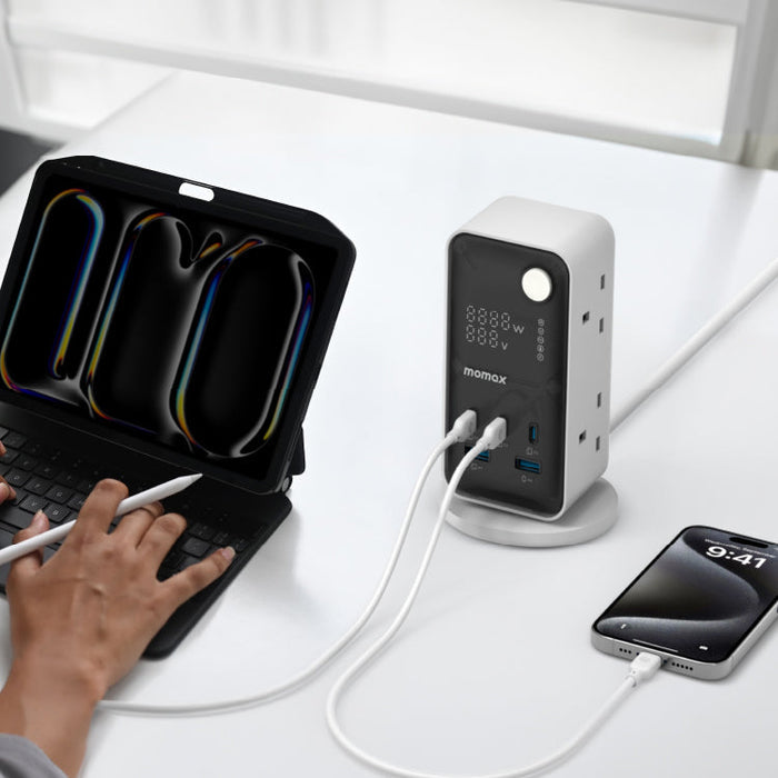 MOMAX Flow 6-Outlet GaN Power Tower - 35W / USB-C / USB-A / White