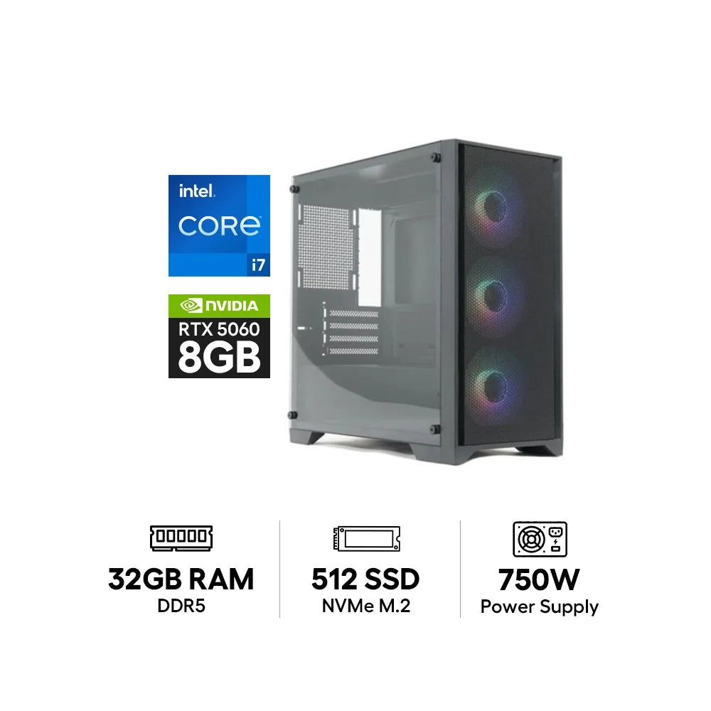 Bundle Offer Customize PC - i7-14700F / 32GB / 512GB (M.2 SSD) / RTX 5060 8GB / DOS + SADES Curved Gaming Monitor - 24" FHD + GADGETON Gaming Chair With Footrest + Twisted Minds Adjustable Gaming Desk + SHARX Jaws 4-in-1 Gaming Bundle