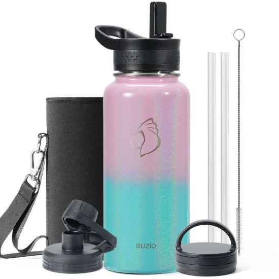 Buzio Trio Series Water Bottle with 3 Lids and Sleeve 1L - Pink Green