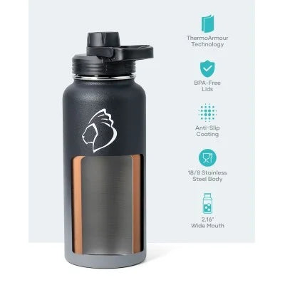 Buzio Trio Series Water Bottle with 3 Lids and Sleeve 1L - Shadow