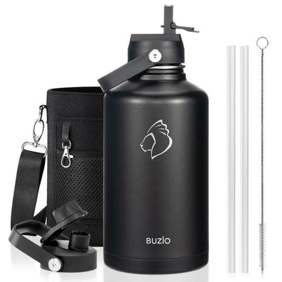 Buzio Duet Series Water Bottle with 2 Lids and Sleeve 1.9L - Black