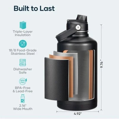 Buzio Duet Series Water Bottle with 2 Lids and Sleeve 1.9L - Black