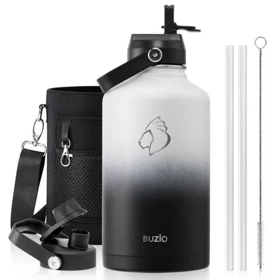 Buzio Duet Series Water Bottle with 2 Lids and Sleeve 1.9L - Black White