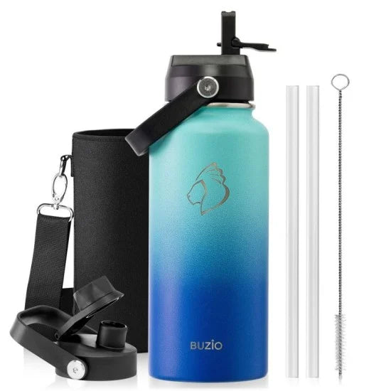 Buzio Duet Series Water Bottle with 2 Lids and Sleeve 1L - Caribbean Blue