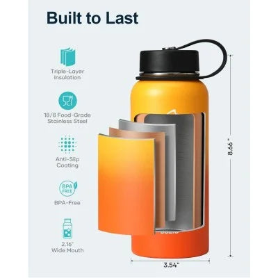 Buzio Duet Series Water Bottle with 2 Lids and Sleeve 1L - Yellow Orange