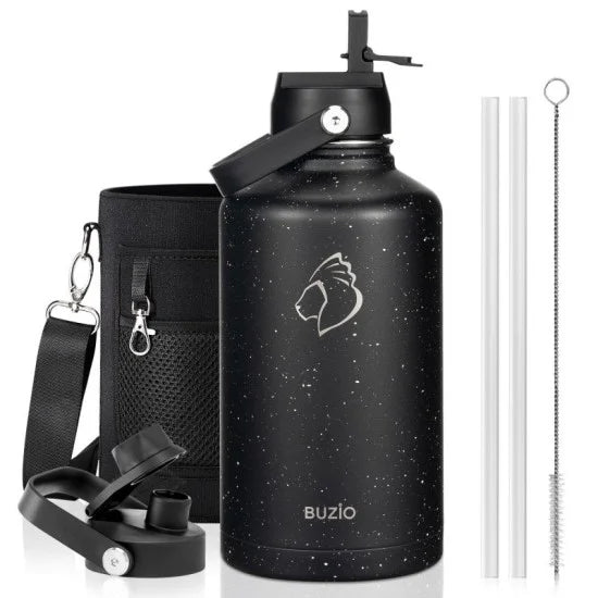 Buzio Duet Series Water Bottle with 2 Lids and Sleeve 1.9L - Starry Black