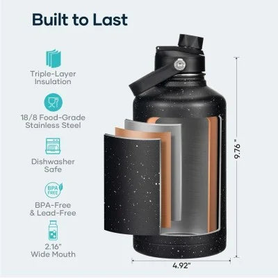 Buzio Duet Series Water Bottle with 2 Lids and Sleeve 1.9L - Starry Black