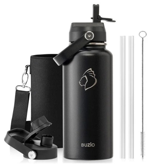 Buzio Duet Series Water Bottle with 2 Lids and Sleeve 1.2L - Black
