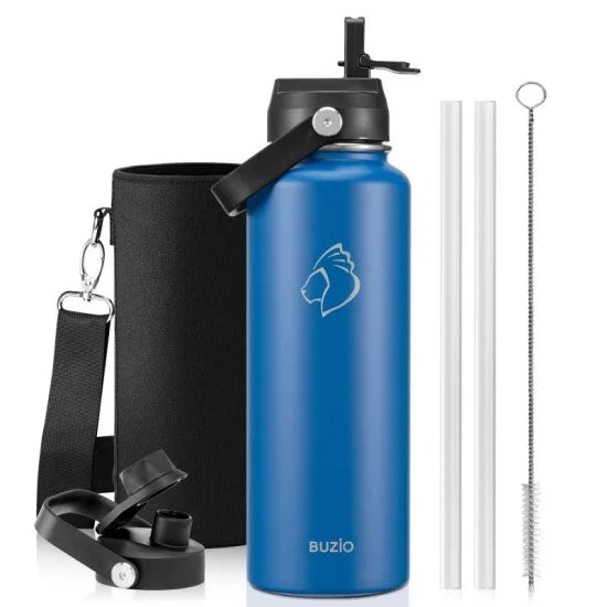 Buzio Duet Series Water Bottle with 2 Lids and Sleeve 1.2L - Blue