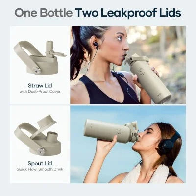 Buzio Duet Series Water Bottle with 2 Lids and Sleeve 1.2L - Beige