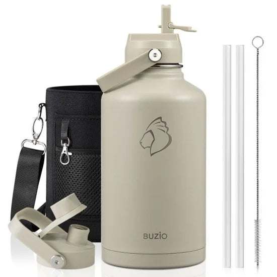 Buzio Duet Series Water Bottle with 2 Lids and Sleeve 1.9L - Beige