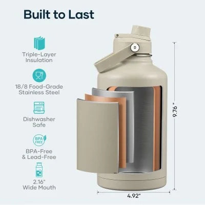 Buzio Duet Series Water Bottle with 2 Lids and Sleeve 1.9L - Beige