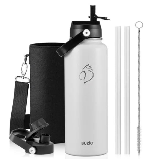 Buzio Duet Series Water Bottle with 2 Lids and Sleeve 1.2L - White