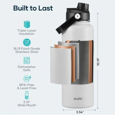 Buzio Duet Series Water Bottle with 2 Lids and Sleeve 1.2L - White