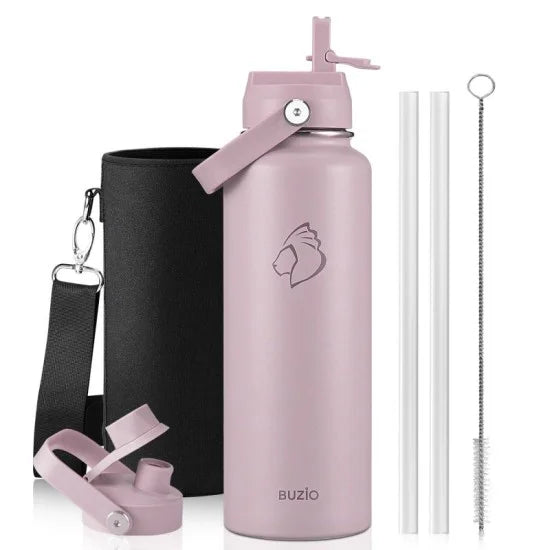 Buzio Duet Series Water Bottle with 2 Lids and Sleeve 1.2L - Purple