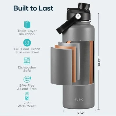 Buzio Duet Series Water Bottle with 2 Lids and Sleeve 1.2L - Grey