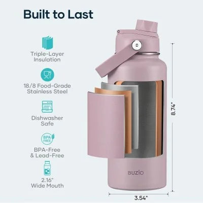 Buzio Duet Series Water Bottle with 2 Lids and Sleeve 1L - Purple
