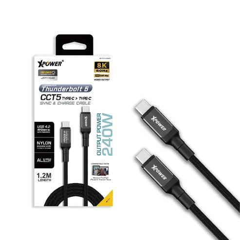 XPower CCT5 Aluminium Alloy Thunderbolt 5 Sync & Charge Cable - 240W / USB-C / Gray