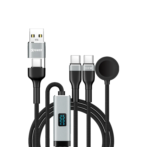 XPower 6-in-1 Digital Display Aluminum alloy charging cable - 100W / 1.2 Meter / Black