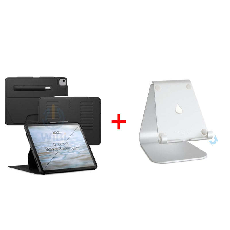 Bundle Offer - ZUGU iPad Air 13 (2024) / iPad Pro 12.9 3/4 (2018/2020) Case - Black + Rain Design mStand Tablet Plus iPad Stand - Silver