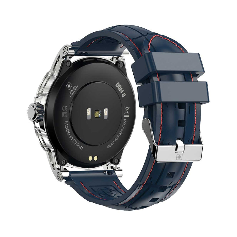Swiss Military Dom 2 Smart Watch - Silver Frame Blue Silicon Strap with Swiss Military Delta Earbud - White Smart
