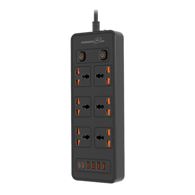 Porodo Blue 6 AC Dual Switch Power Strip  - UK 3-Pin Plug / USB-C / USB-A / Black